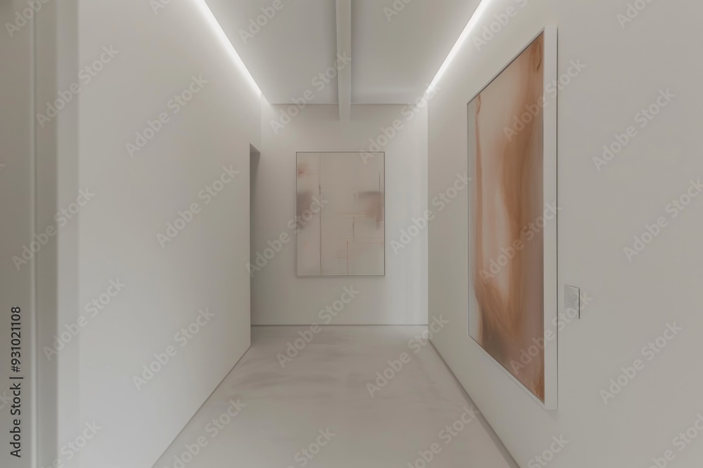 Minimal white interior hallway with clean white walls and a single piece of abstract art. Minimal white interior hallway with clean white walls and a single piece of abstract art.