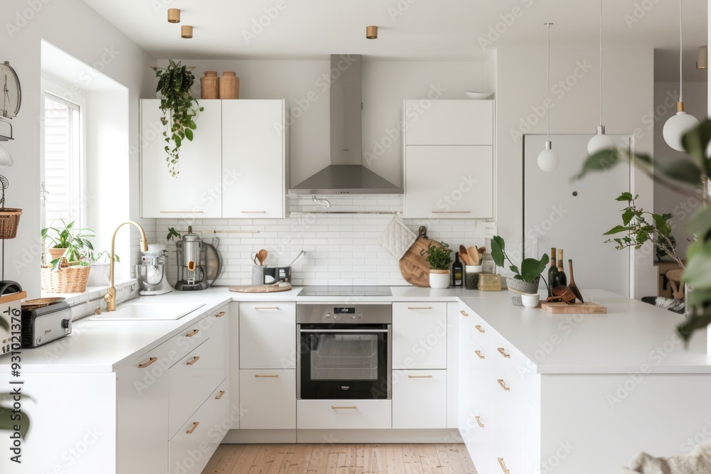 Cozy white kitchen with minimalistic design and warm accents Cozy white kitchen with minimalistic design and warm accents