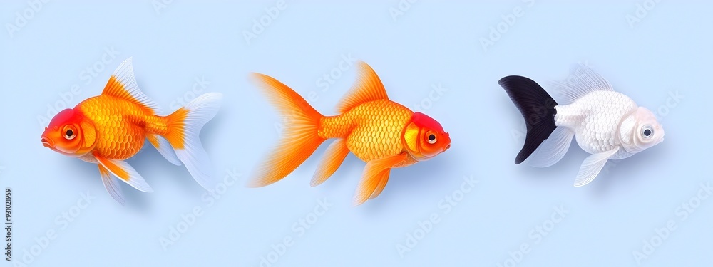 Set of Vibrant Goldfish in Serene Underwater Setting Set of Vibrant Goldfish in Serene Underwater Setting