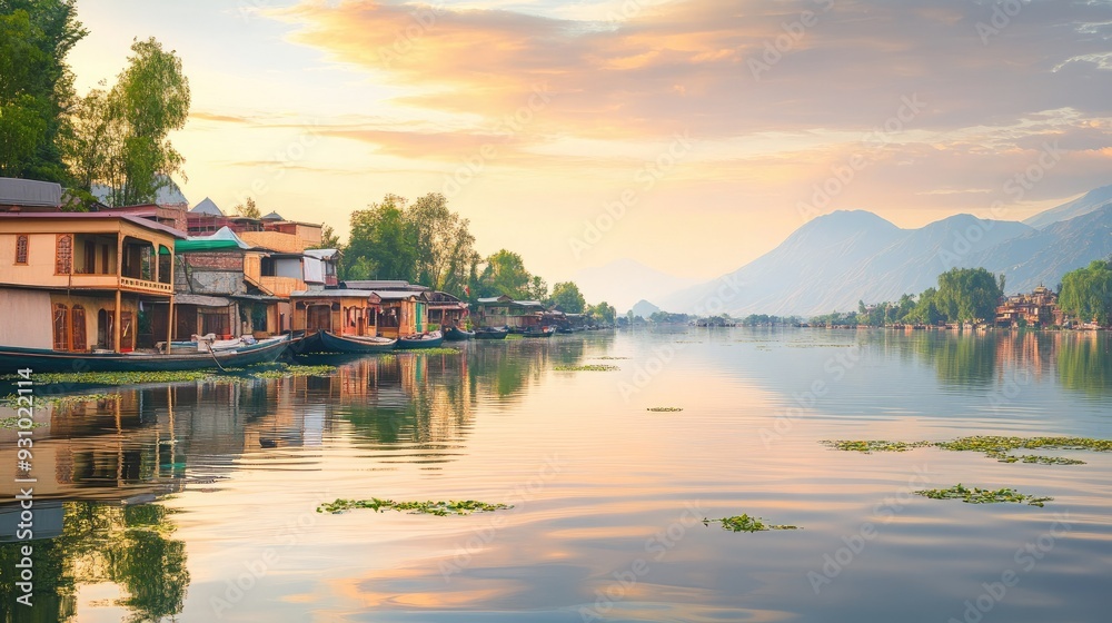 Fototapeta premium A serene view of the tranquil Dal Lake in Srinagar with houseboats floating. Copy space available