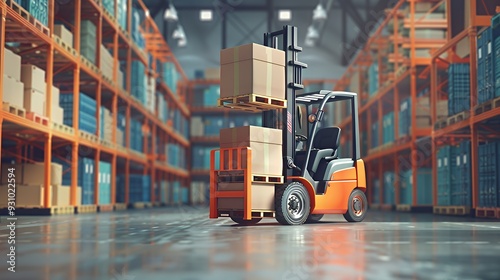 A forklift operator driving a forklift in a large warehouse with high shelves filled with boxes.