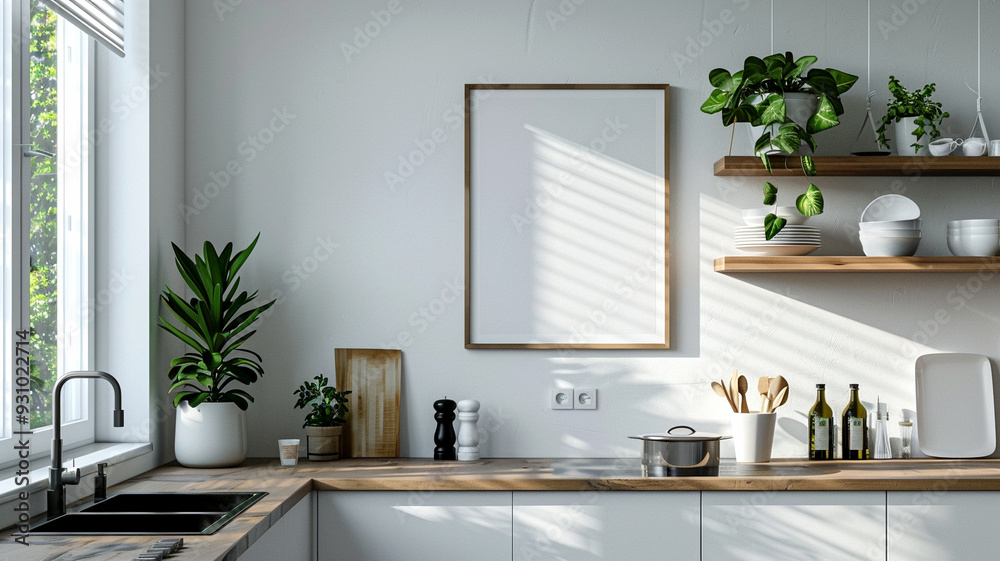 Fototapeta premium Bright and modern kitchen interior featuring plants and wooden shelves in sunlight