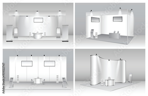set of realistic trade exhibition chair and table or white blank exhibition kiosk or stand booth corporate commercial. 3D Render