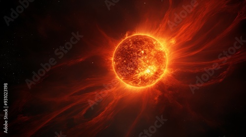 Space view of the sun, dark cosmos, brilliant solar rays, colorful atmosphere