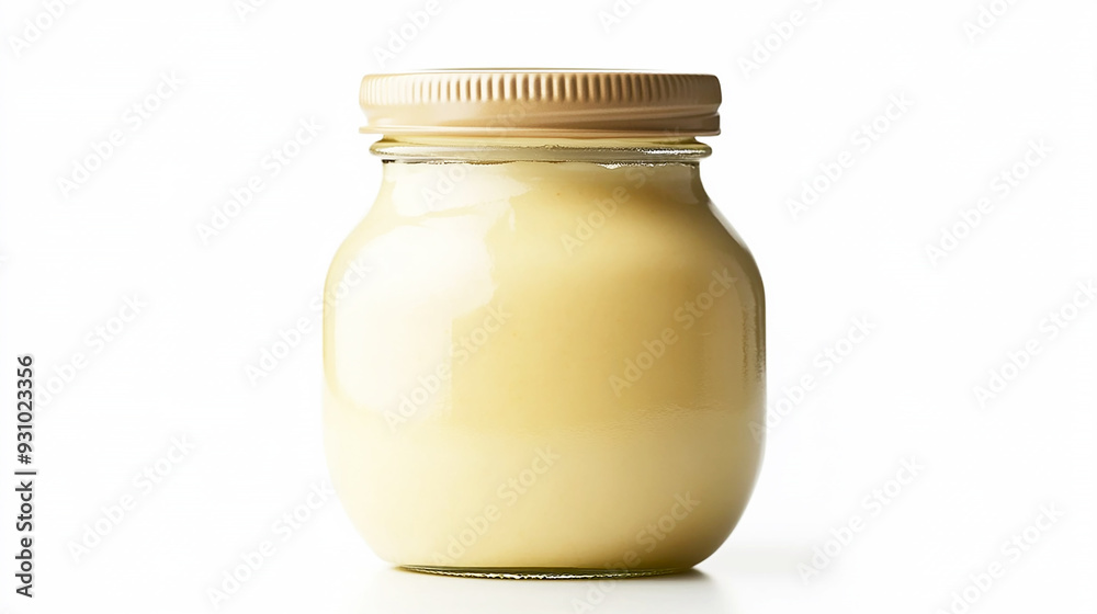 mayonnaise with a label, placed on a white background. The image highlights the sauce’s smooth texture and pale color mayonnaise with a label, placed on a white background. The image highlights the sauce’s smooth texture and pale color