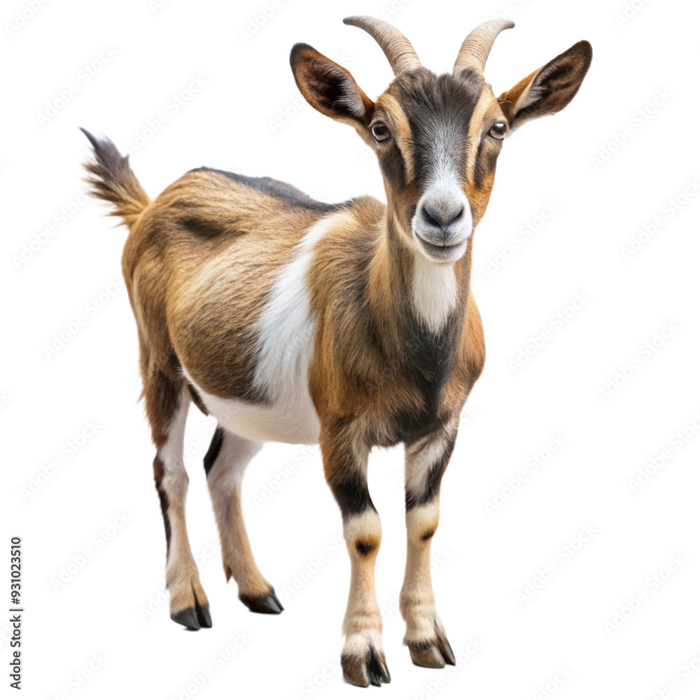 Obraz premium Curious Goat Portrait: A captivating portrait of a brown and white goat, with a curious expression and captivating gaze. The goat is isolated against a white background, creating a clean and modern ae