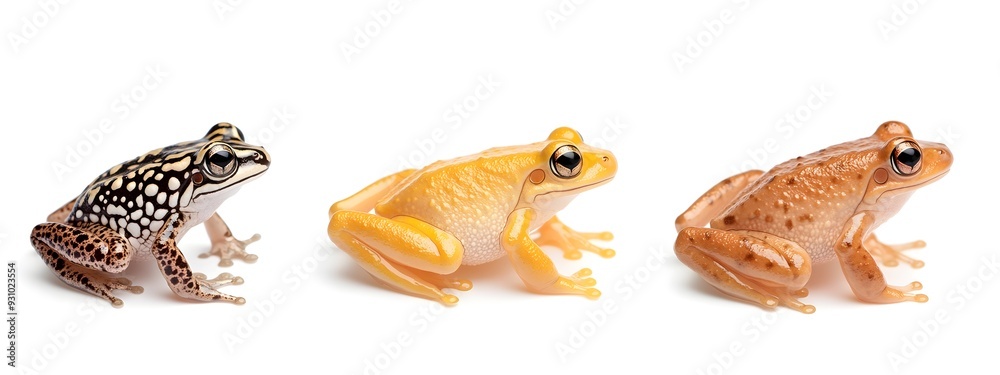 Set of Three Colorful Frog Species Against White Background Set of Three Colorful Frog Species Against White Background