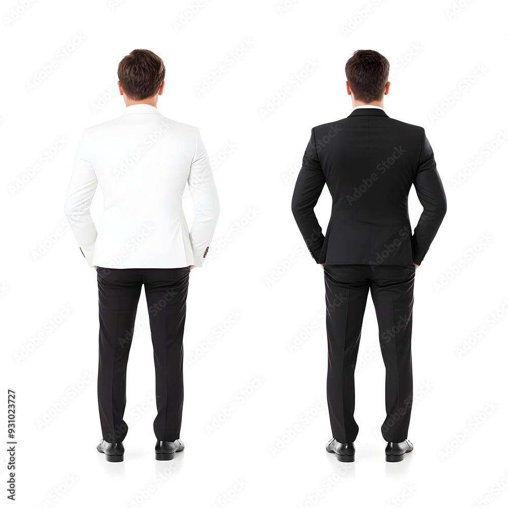 Two Businessmen in Formal Suits Discussing Strategy on White Background Two Businessmen in Formal Suits Discussing Strategy on White Background