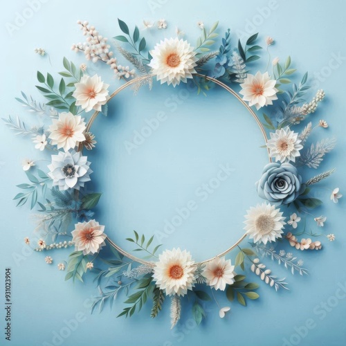 Top View Wedding Flower Frame with Floral Pattern on Blue Background