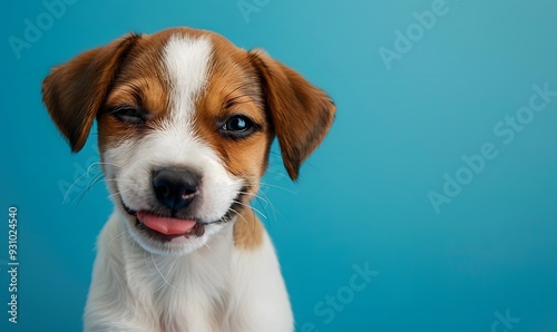 Happy dog puppy winking an eye and smiling on colored blue backgorund with closed eyes. 