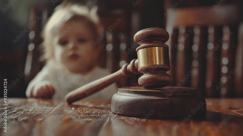 Close up of a legal judges hammer with a blurred child in the background. Child custody concept Close up of a legal judges hammer with a blurred child in the background. Child custody concept