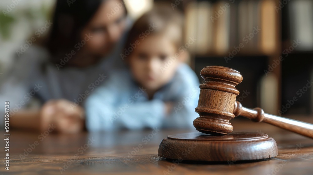 Close up of a legal judges hammer with a blurred child in the background. Child custody concept Close up of a legal judges hammer with a blurred child in the background. Child custody concept