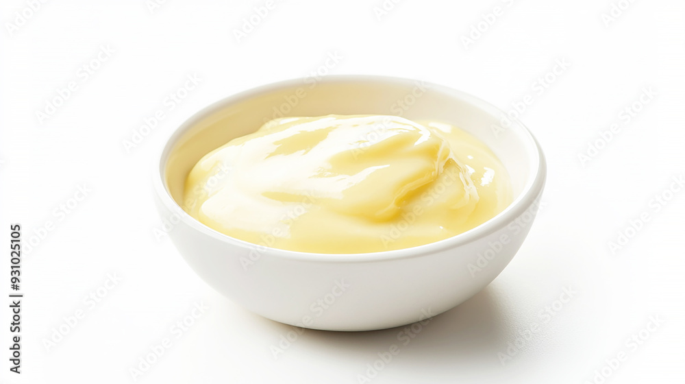 minimalist view of Hollandaise sauce in a dipping dish, isolated on a white background minimalist view of Hollandaise sauce in a dipping dish, isolated on a white background