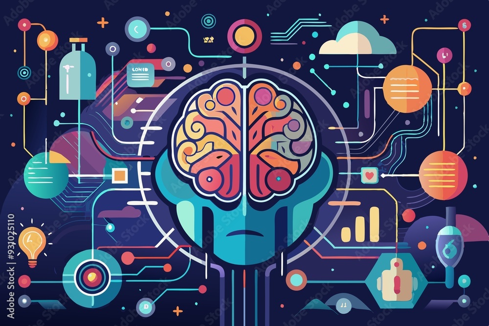 Obraz premium The Illuminated Mind: A human brain intertwined with glowing circuitry, symbolizing the power and potential of artificial intelligence.