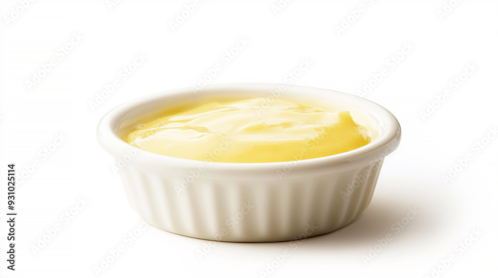 minimalist view of Hollandaise sauce in a dipping dish, isolated on a white background minimalist view of Hollandaise sauce in a dipping dish, isolated on a white background