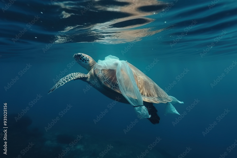Obraz premium Sea turtles in crisis. Plastic harms aquatic animals