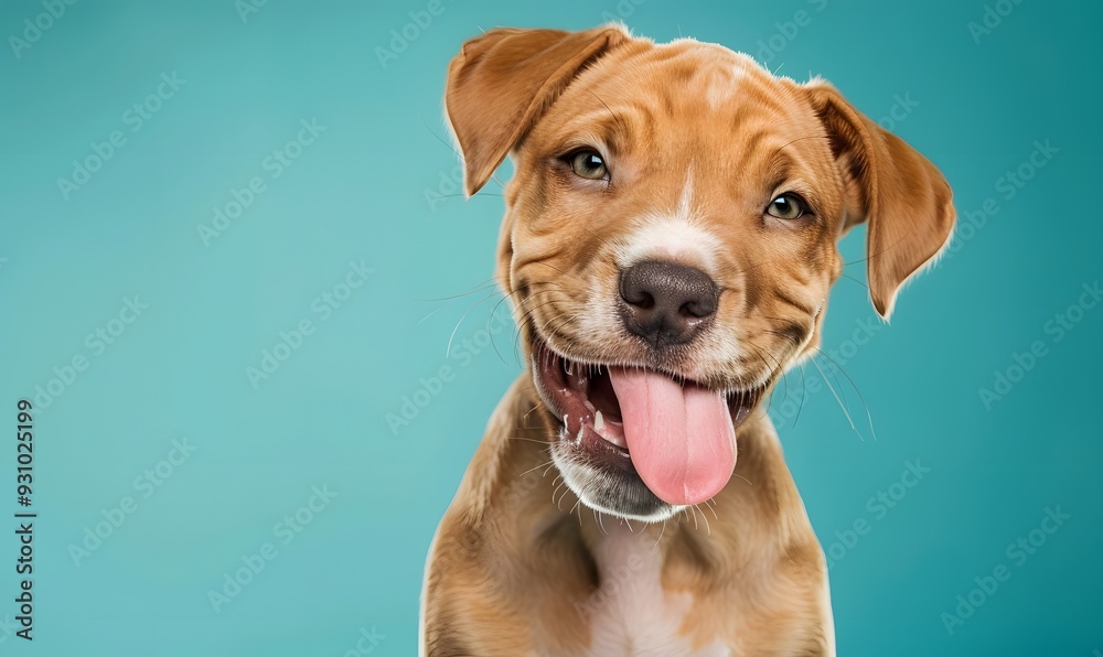 Fototapeta premium Happy dog puppy winking an eye and smiling on colored blue backgorund with closed eyes. 