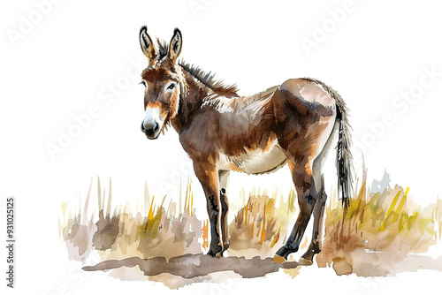 Watercolor painting of a gray donkey standing in a field. Farm animals.
