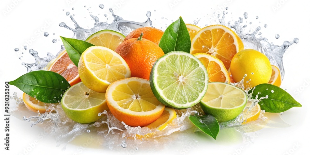Citrus Explosion: A vibrant and juicy explosion of citrus fruits, bursting with color and freshness. Lemons, limes, and oranges splash into a creamy white background, creating a visually captivating Citrus Explosion: A vibrant and juicy explosion of citrus fruits, bursting with color and freshness. Lemons, limes, and oranges splash into a creamy white background, creating a visually captivating