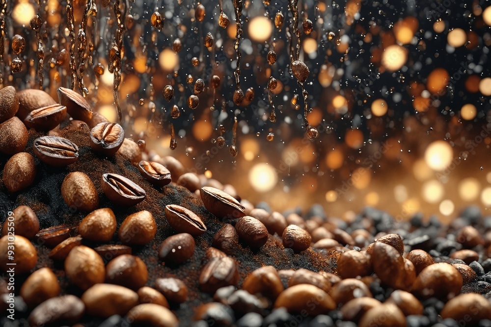 Coffee Beans with Water Droplets on Dark Background Coffee Beans with Water Droplets on Dark Background