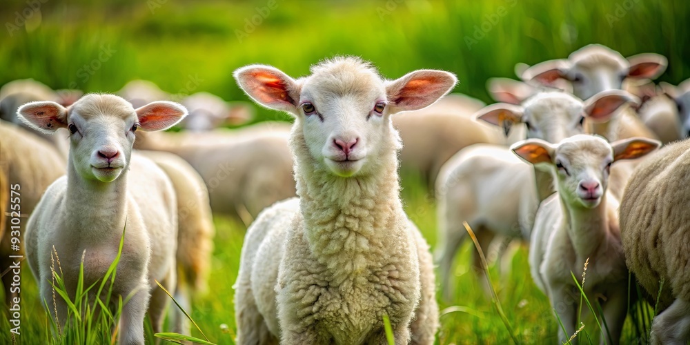 Obraz premium Close-up shot of a fluffy white lamb surrounded by a flock of sheep grazing in a green meadow, sheep, lamb, farm, animals, nature