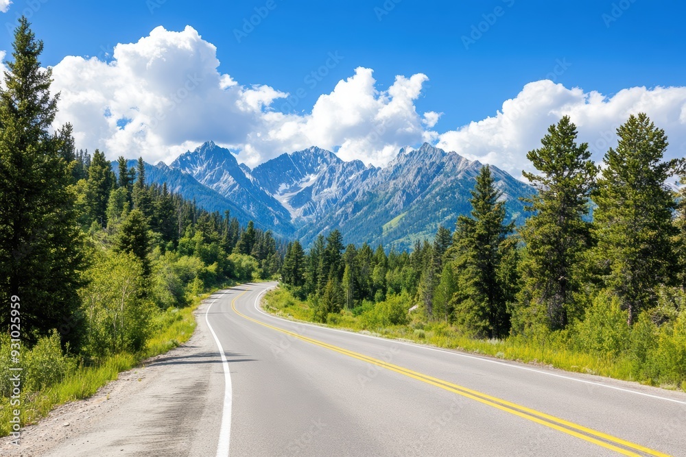Fototapeta premium A winding road through a lush landscape, framed by majestic mountains and a vibrant blue sky with fluffy white clouds.