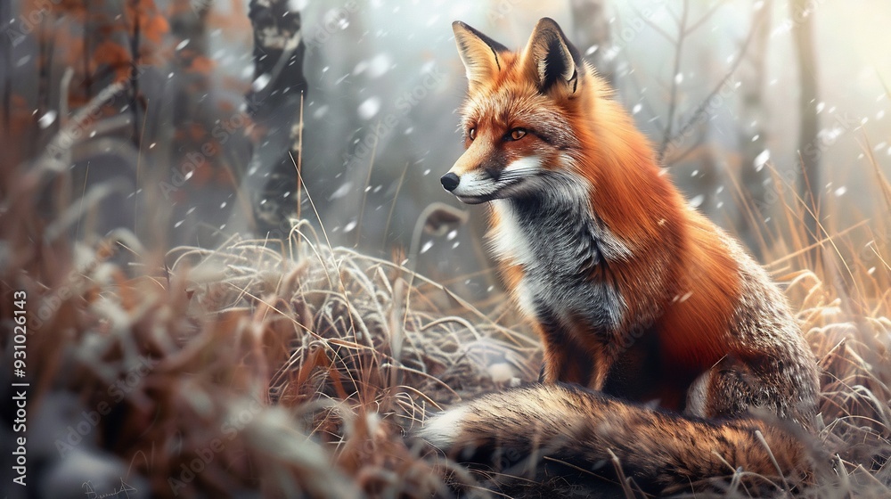 Fototapeta premium Red Fox Sitting in a Snowy Meadow