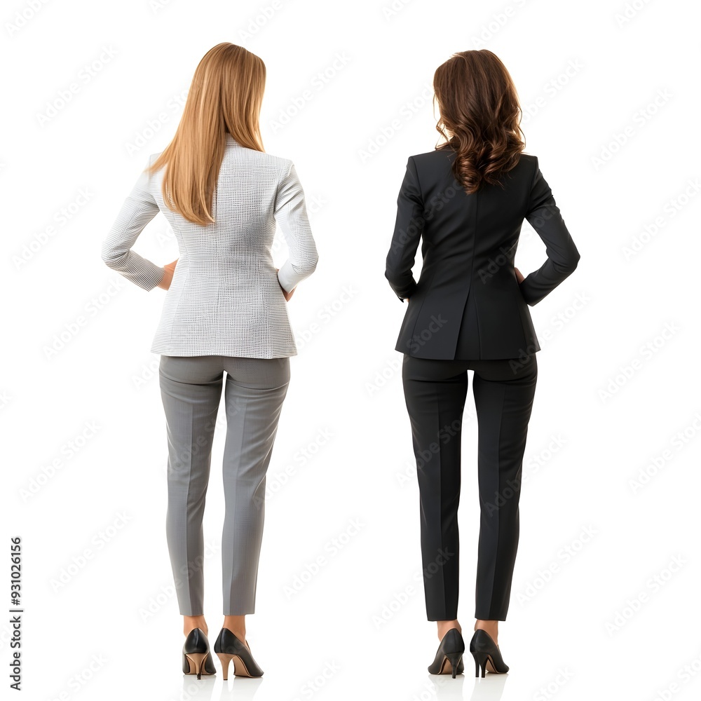 Two Business Women Discussing in Corporate Office Setting with White Background Two Business Women Discussing in Corporate Office Setting with White Background