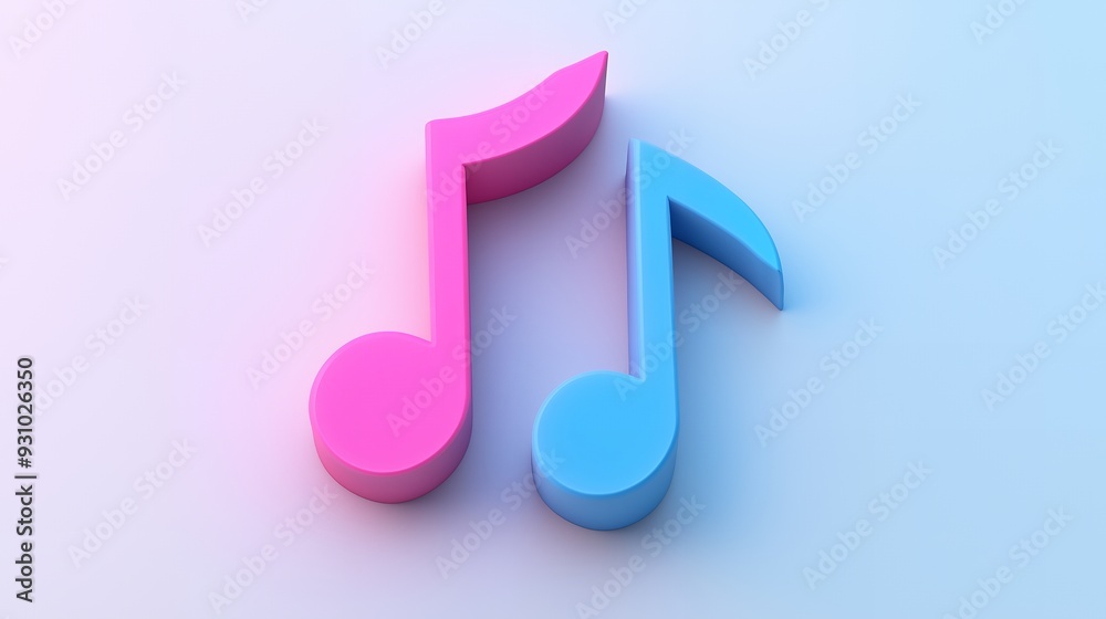 Two 3D music notes, one pink and one blue, on a white background. Two 3D music notes, one pink and one blue, on a white background.