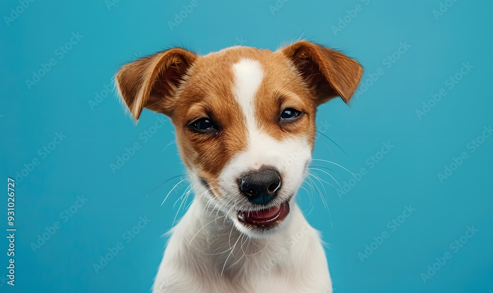 Happy dog puppy winking an eye and smiling on colored blue backgorund with closed eyes. Happy dog puppy winking an eye and smiling on colored blue backgorund with closed eyes.