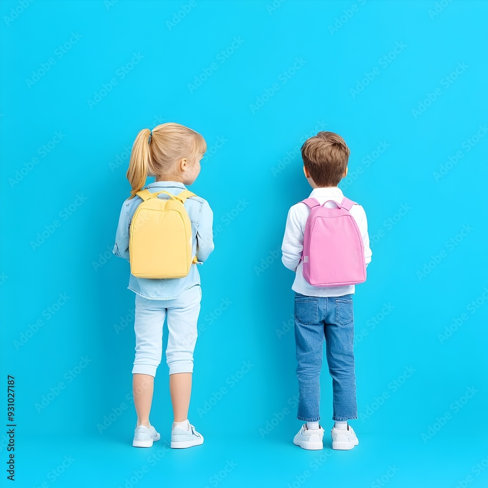 Two School Kids in Casual Discussion Isolated on Turquoise Background Two School Kids in Casual Discussion Isolated on Turquoise Background