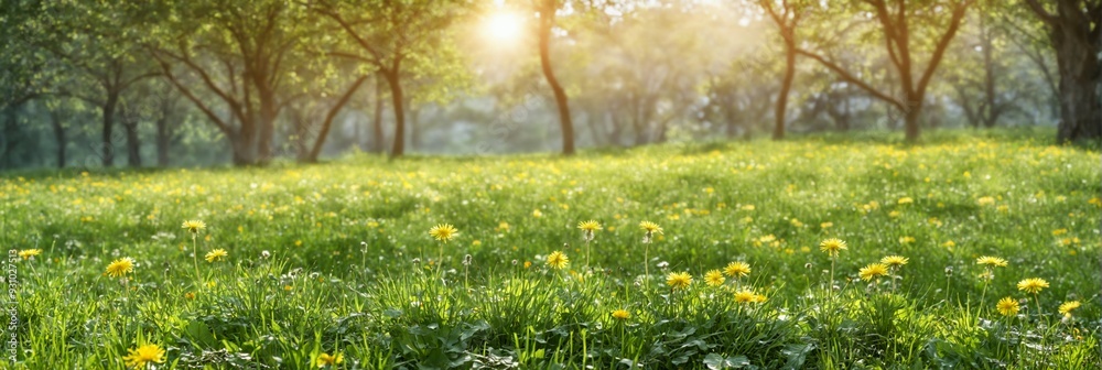 Fototapeta premium Beautiful landscape field dandelions covered lush green grass Be