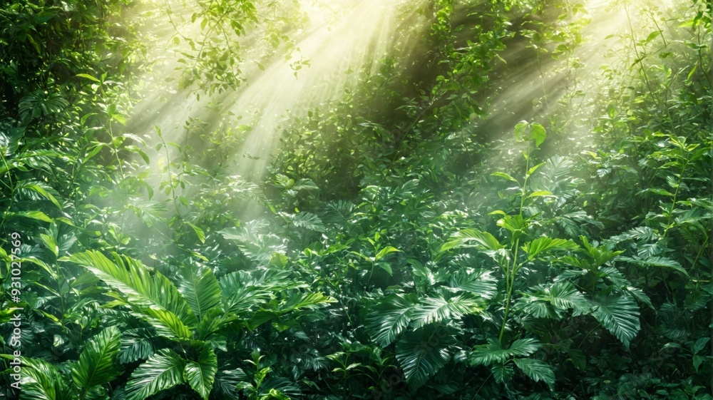 Fototapeta premium Beautiful landscape lush green forest sunlight shining through P
