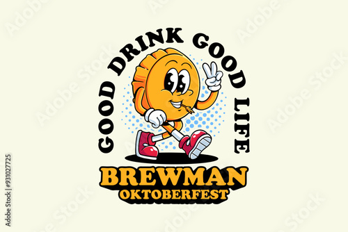 beer bottle cap retro cartoon funny character vector illustration with bitting wheat and showing peace hands for brewery, food and beverage mascots and sticker and apparel design elements