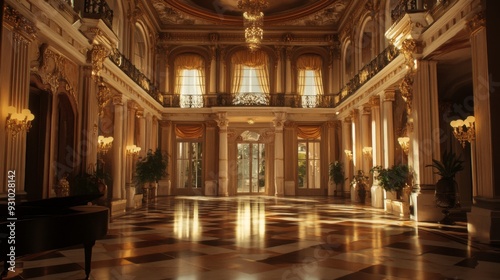 Grand, opulent, and sunlit interior of a stately mansion with a checkerboard marble floor, ornate gold detailing, and a grand piano.