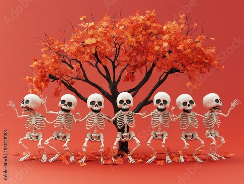  Line of dancing skeletons under a vibrant autumn tree photo