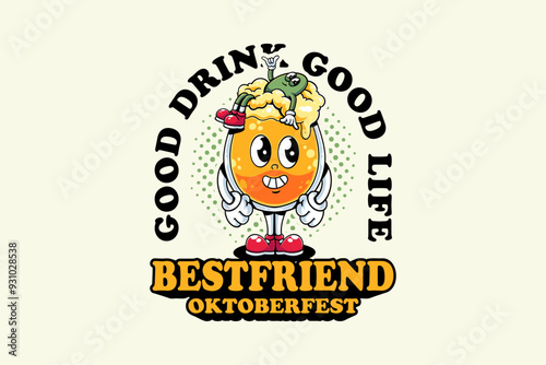a glass of beer or cocktail with olive lying in the beer foam retro cartoon funny character vector illustration for brewery, food and beverage mascots and sticker and apparel design elements