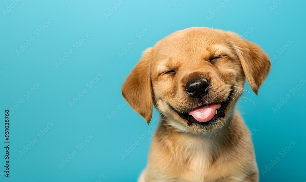 Happy dog puppy winking an eye and smiling on colored blue backgorund with closed eyes. Happy dog puppy winking an eye and smiling on colored blue backgorund with closed eyes.