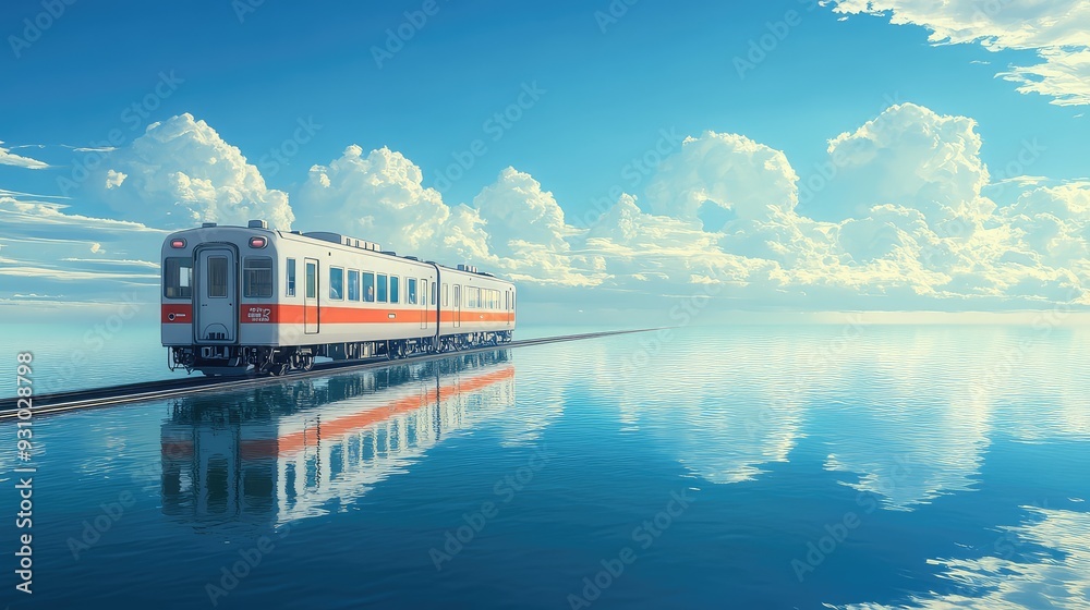 A retro train speeding across a vast, calm ocean, with a clear sky above, in a serene anime-inspired setting. A retro train speeding across a vast, calm ocean, with a clear sky above, in a serene anime-inspired setting.