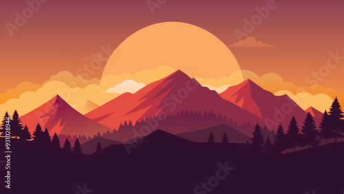 A tranquil summer sunset over a mountain silhouette	vector art illustration