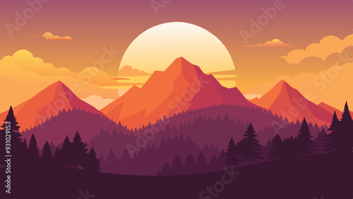 A tranquil summer sunset over a mountain silhouette	vector art illustration