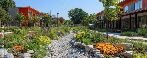 A neighborhood redesigned with green infrastructure, including rain gardens and energyefficient buildings