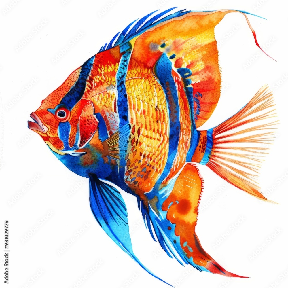 Fototapeta premium Watercolor painting of a colorful coral beauty angelfish, with its vibrant orange and blue markings and graceful on isolated white background
