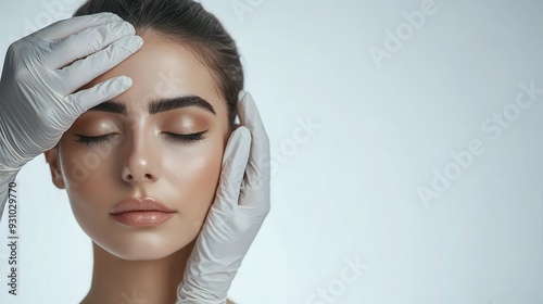 Young woman preparing for plastic surgery session, doctor in medical gloves contouring female patient face, isolated on white background photo