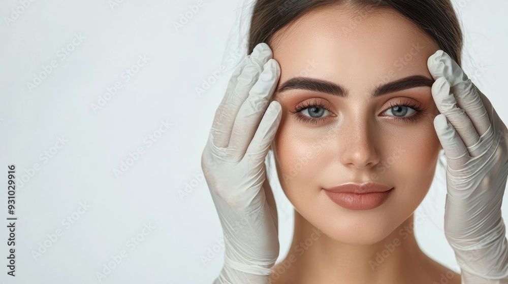 Fototapeta premium Young woman preparing for plastic surgery session, doctor in medical gloves contouring female patient face, isolated on white background