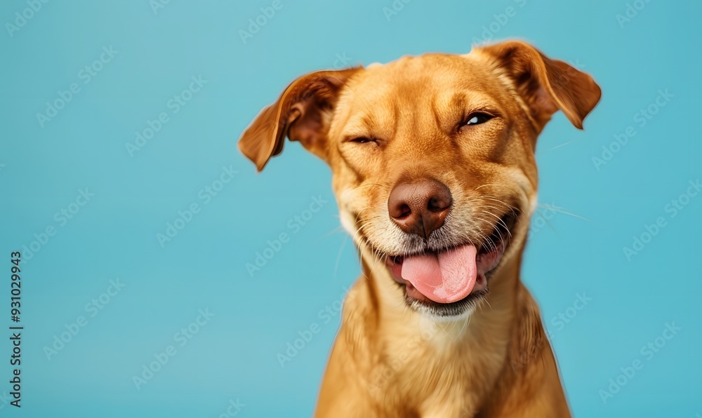 Happy dog puppy winking an eye and smiling on colored blue backgorund with closed eyes. Happy dog puppy winking an eye and smiling on colored blue backgorund with closed eyes.