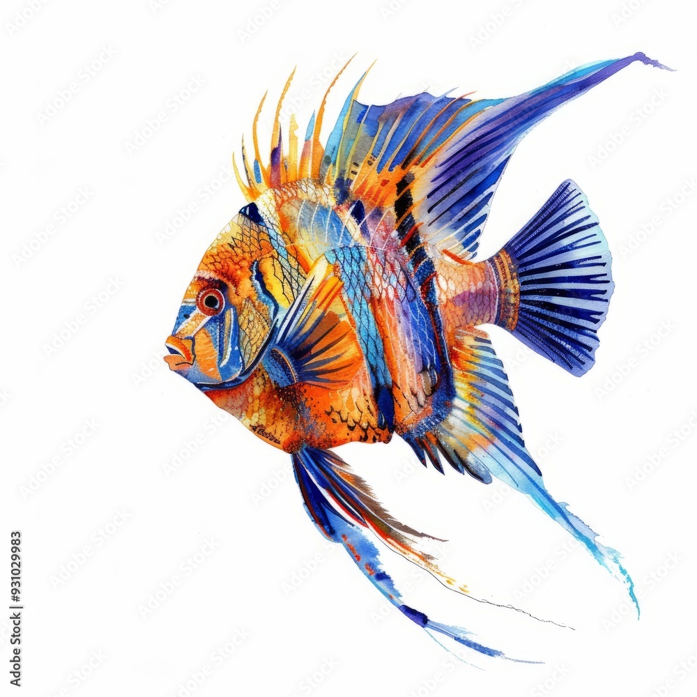 Fototapeta premium Watercolor painting of a colorful coral beauty angelfish, with its vibrant orange and blue markings and graceful on isolated white background