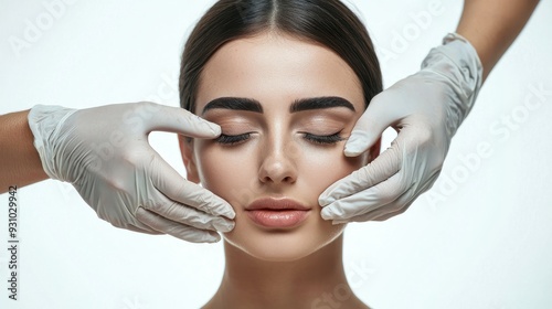 Young woman preparing for plastic surgery session, doctor in medical gloves contouring female patient face, isolated on white background photo