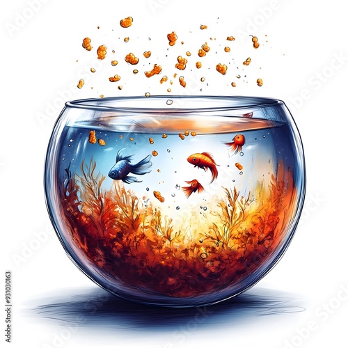 Playful Fishbowl with Drifting Fish Food Flakes in Art Style photo