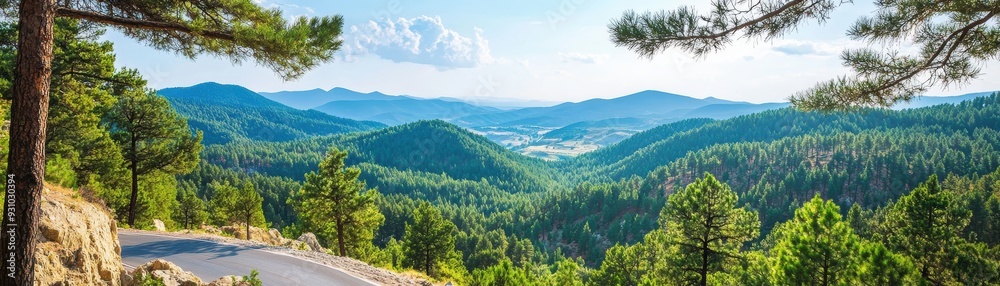 Fototapeta premium A breathtaking scenic view of mountains and lush trees under a bright blue sky, perfect for nature enthusiasts and travelers.